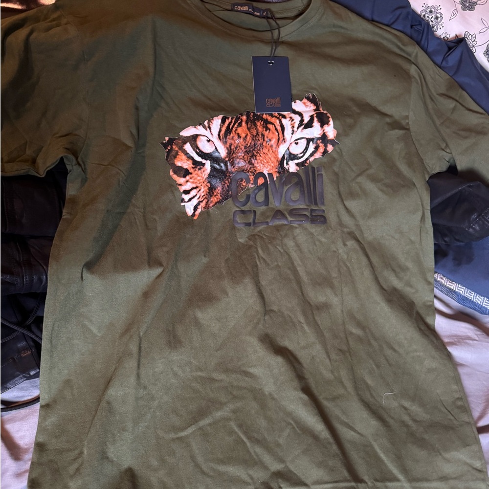 Cavalli Class Green Short Sleeve Tee with Tiger Graphic